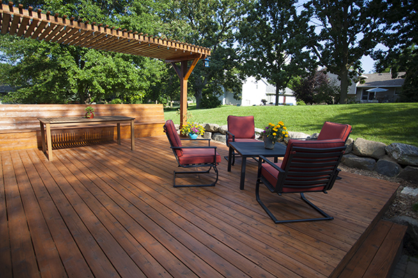 A newly built deck with patio furniture